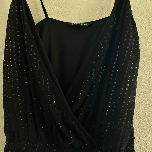 Express Medium Black Jumpsuit Sequin adjustable straps pockets - Picture 4 of 10